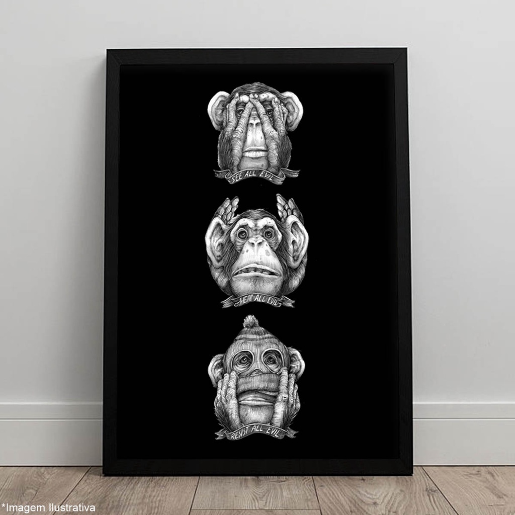Quadro Três Macacos Sábios Monkey Quarto Sala Pôster C/ Moldura