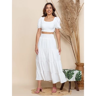 Conjunto duna feminino duas peças saia longa com elástico na cintura blusinha cropped manga bufante princesa h323