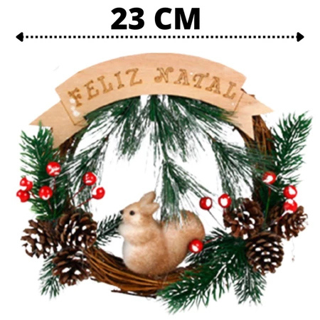 Guirlanda placa feliz natal pinhas laço esquilo 23x23cm