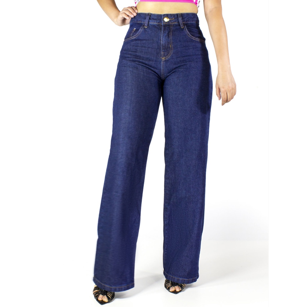 Calça Wide Leg Jeans Feminina 100% algodão Escura