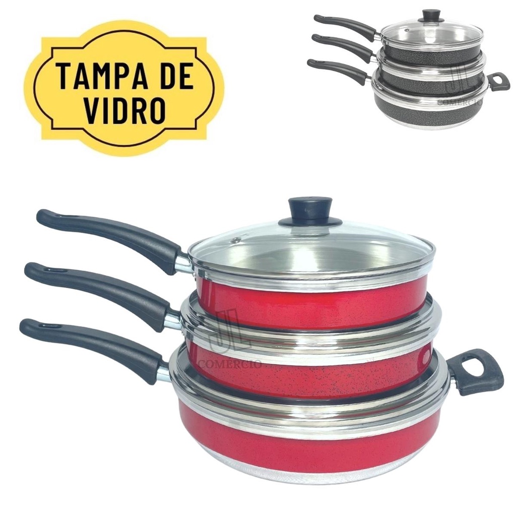 Conjunto Kit Frigideira Com Tampa Vidro Jogo Com 3 Peças Tam 20/22/24