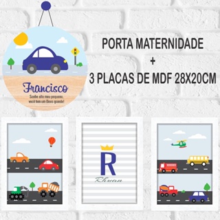 Kit 4 Quadros Infantil Criança de Carrinhos de Corrida