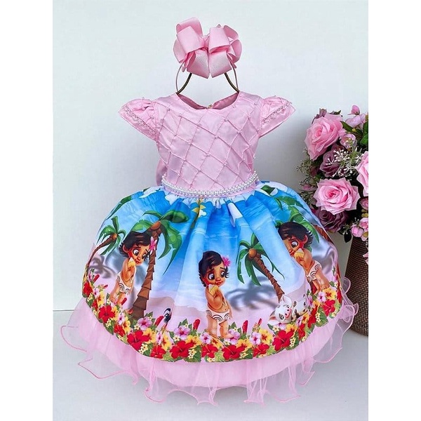 Vestido Infantil Moana Baby Rosa Fantasia Menina Aniversário - Tio