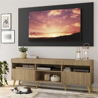 Rack com Painel e Suporte TV 65" Londres Multimóveis Pés Retrô e 2 portas Rustic/Preto/Natural