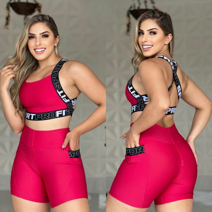 Roupa de Academia Fitness Conjunto de Ginástica Short + Top Feminina com Bolso