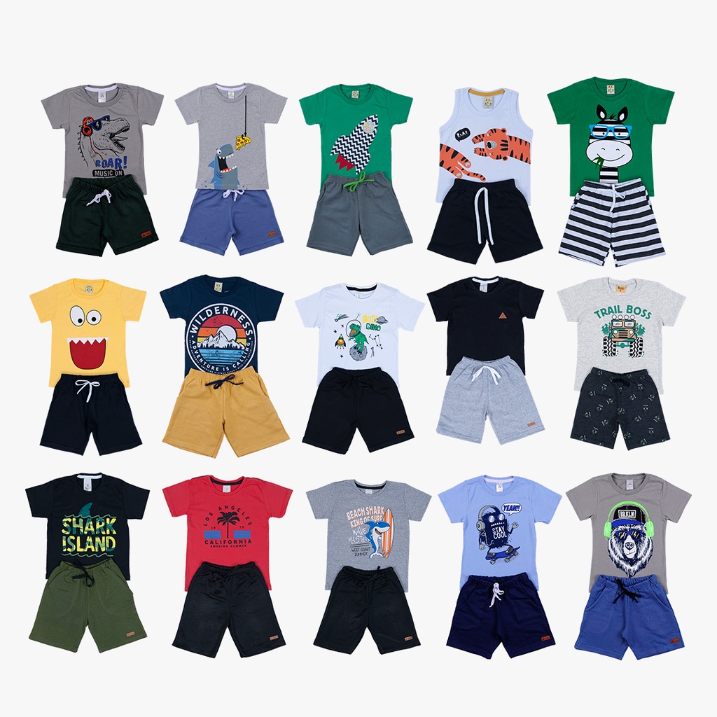 Kit Sortido 12 Peças de Roupas Infantil Menino 6 Camisetas + 6 Bermudas - Promoção - Kit com 6 Conjuntos de Roupa Infantil Menino Verão Menino Bebe Barato