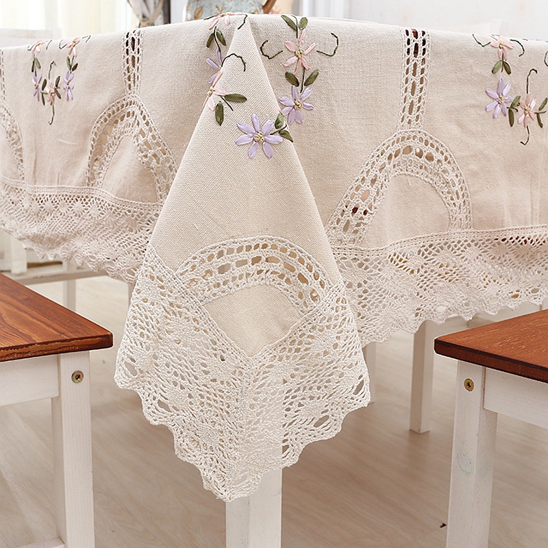 Toalha De Mesa Em Creme De Renda Bordada Com Flores Capa De Café De Linho Espesso Chá De TV À Prova De Poeira Para Recepção De Festas De Casamento