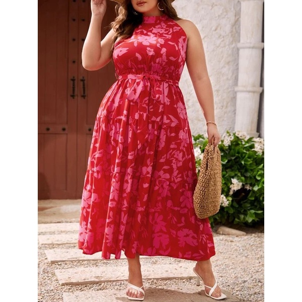 vestido plus size longo floral vermelho