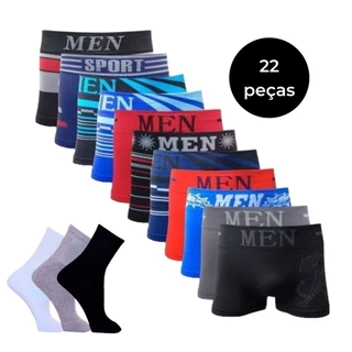 Kit 10 Cuecas Boxer Microfibra Adulto + 12 Pares Meias Algodão