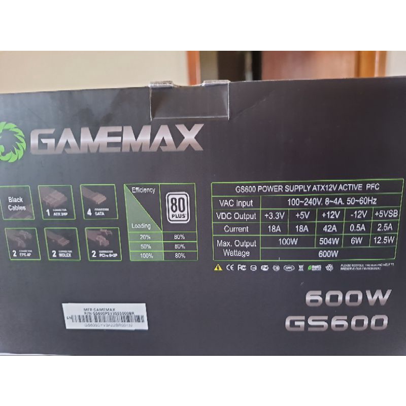 Source ATX Gamemax GS600 Black 80Plus White 600W PFC Active - AliExpress