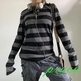 Pracu-Mulheres Fada Grunge Tricotado Camisa Básica Outono Y2K Cinza Preta Listrada Manga Longa Gola Redonda Blusa Emo Tee