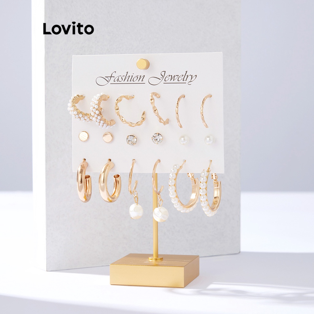 Lovito 9 Pçs Brinco de Metal Elegante com Glitter e Pérolas Pom Pom de Metal L34AD068 (Dourado)