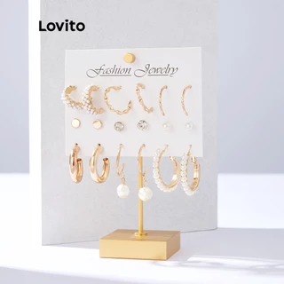 Lovito 9 Pçs Brinco de Metal Elegante com Glitter e Pérolas Pom Pom de Metal L34AD068 (Dourado)