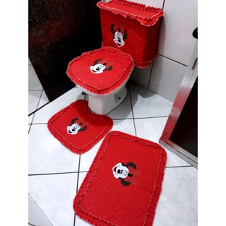 Jogo de banheiro da Minnie fofura kit tapetes com capa pra caixa acoplada 4 peças tecido metalassê minnie e mickey decoração