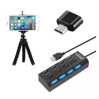 Hub 4 Portas Usb Para Celular + Adaptador Otg Usb C + Suporte Tripé Selfie Kit Mobilador Gamer em Oferta na Shopee