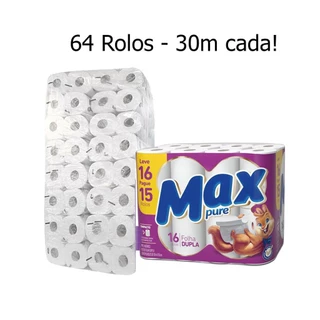 Fardo Papel Higienico Folha Dupla Max Pure 4 pacotes c/16 rolos de 30m 64 rolos - LUXO