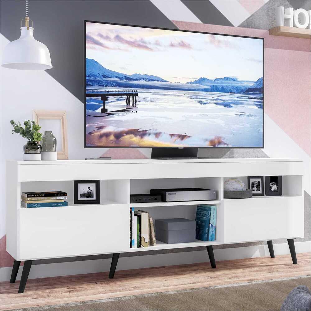 Rack TV 65" com Pés Retrô e 2 Portas Paris Multimóveis Branco/Preto