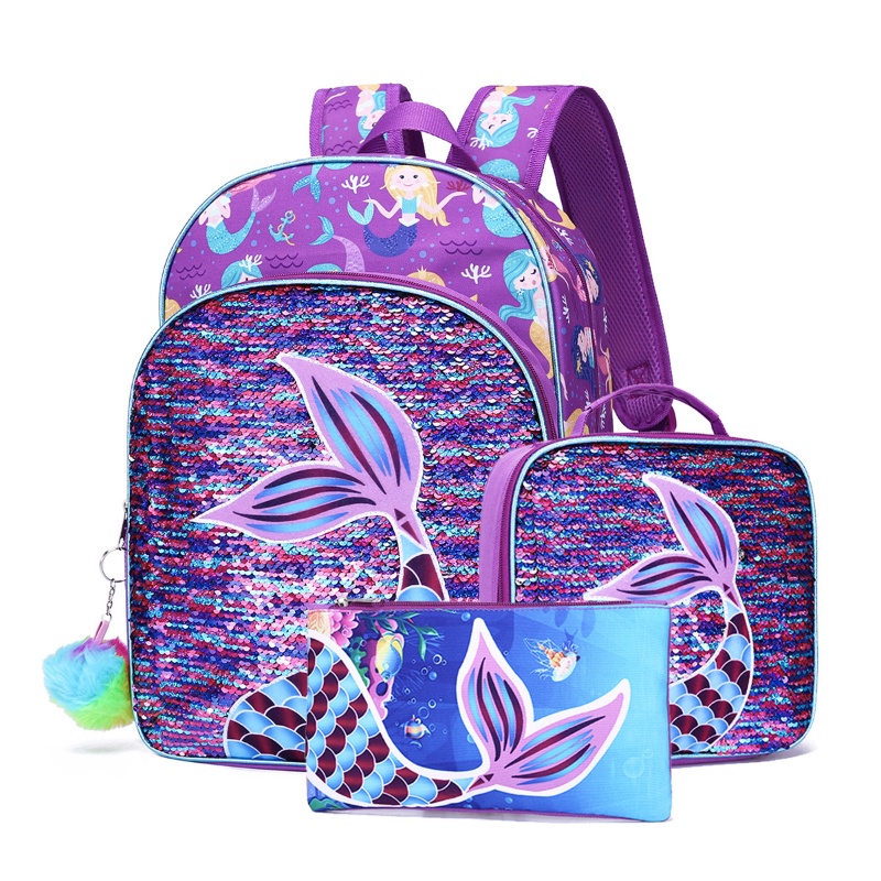 3pçs Mochila Sereia Para Meninas , 16 " Lantejoula Prechool Elementário Bookbag E Lancheira