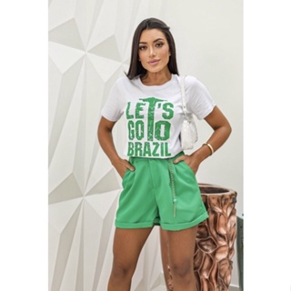 T-shirt camiseta blusa feminina brasil copa do mundo time manga curta  brilhosa paetê algodão
