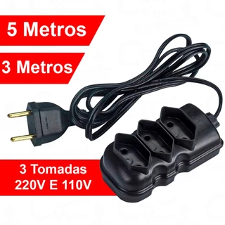 Extensão Elétrica 3 Ou 5 Metros Bipolar Preta Com 3 Tomadas Uso Geral Resistente Casa Comércio