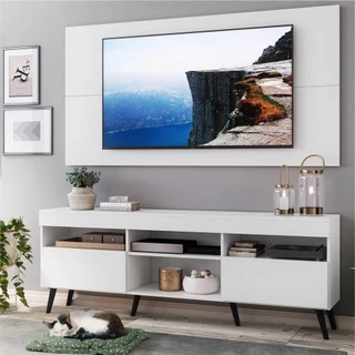 Rack com Painel e Suporte para TV até 65" Pés Retrô com 2 Portas Londres Multimóveis Branco/Preto