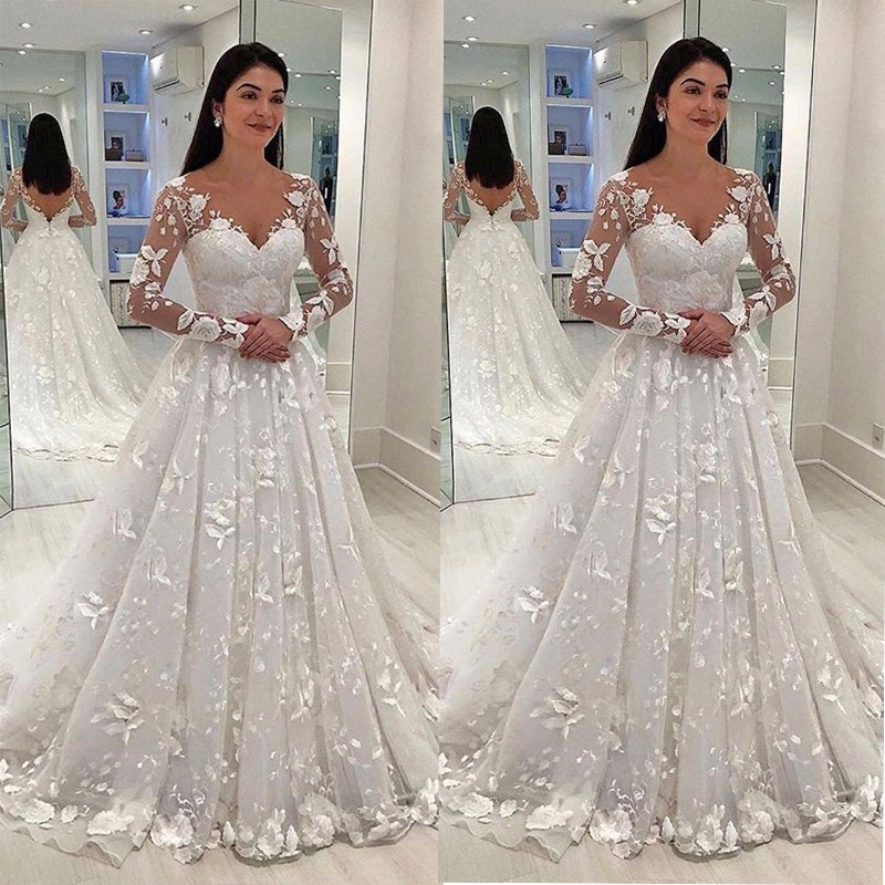 2022 Vestido De Noiva Renda Profundo V Manga Longa Longo Feminino Shopee Brasil 3095