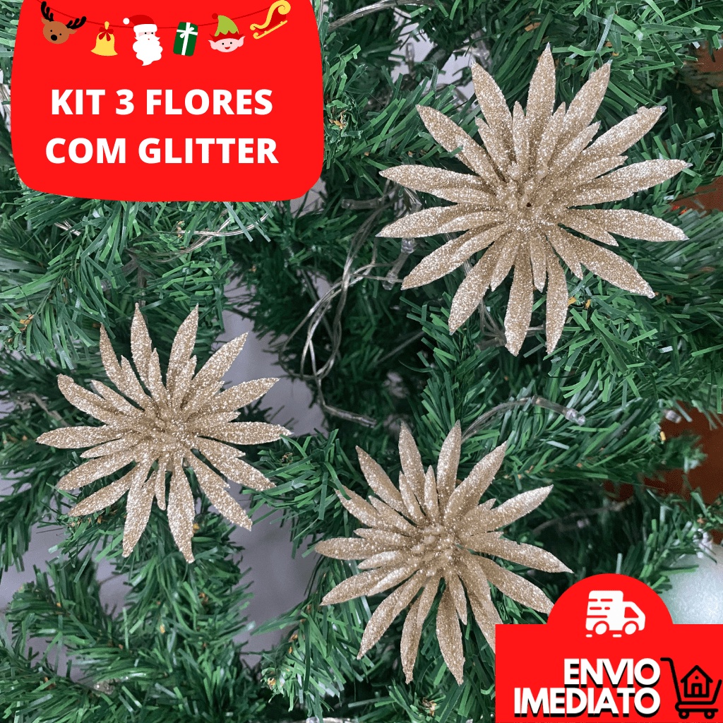Kit 30 Flor Flores Enfeite Artificial Brilho Glitter Decoração Árvore Natal  Natlina