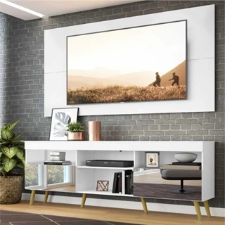 Rack c/ Painel e Suporte TV 65" c/ Espelho e Pés Retrô Flórida Multimóveis Branco/Natural