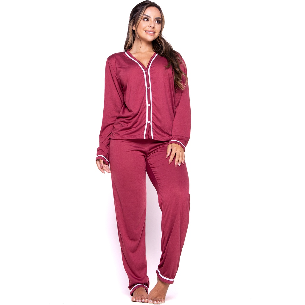 Pijama Longo Feminino Americano com Abertura e Detalhe Camisaria Amamentação Inverno 046