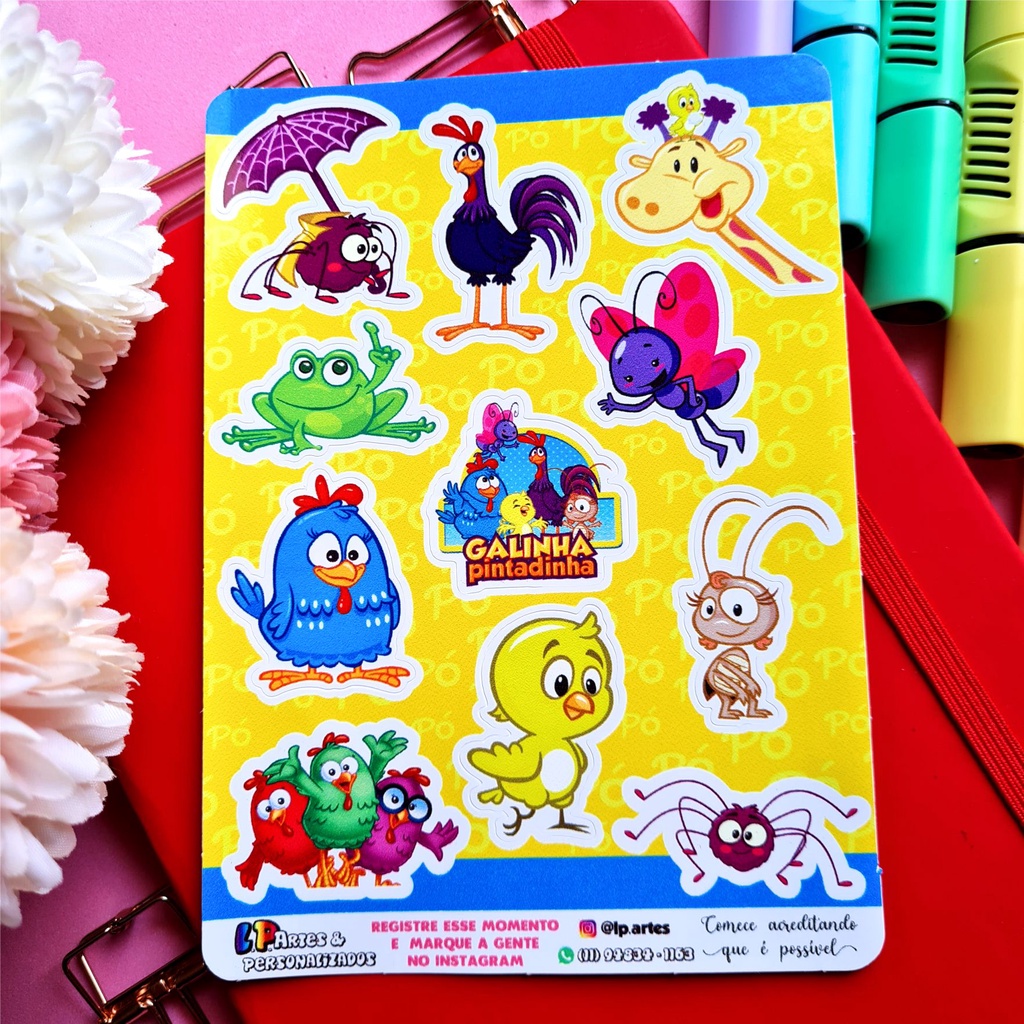 Galinha Pintadinha - Cartela de adesivos em vinil para decoração, lembrancinha de festa infantil