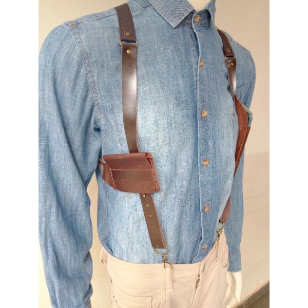 Suspensório coldre couro e elástico porta celular e carteira