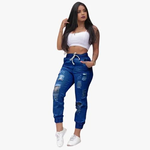 Calça Feminina Jogger Jeans Destroyed Cintura Alta Blogueira Azul Claro