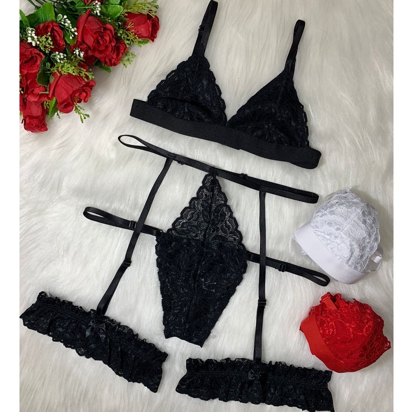 Kit 3 Conjunto Lingerie Cinta Liga Gladiadora Sexy Luxo Moda Gringa Preto Branco Vermelho 1384