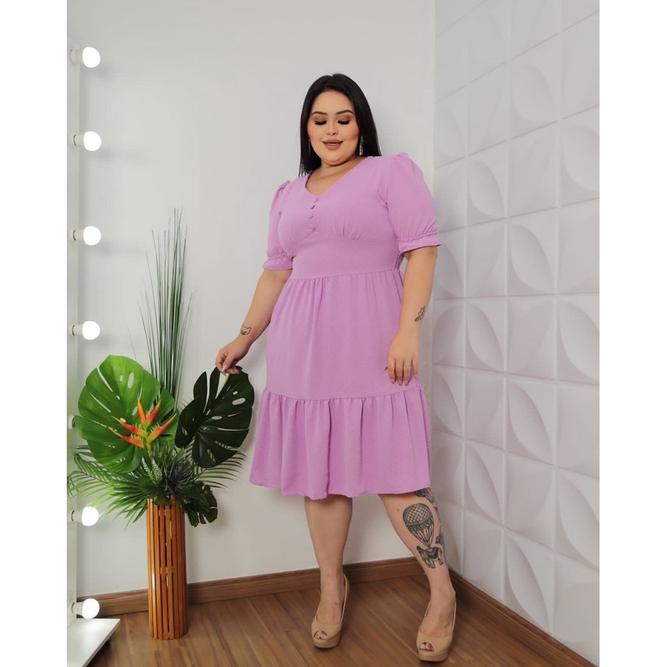 Vestido Curto Plus Size Liso Babado Moda Blogueira Até 56