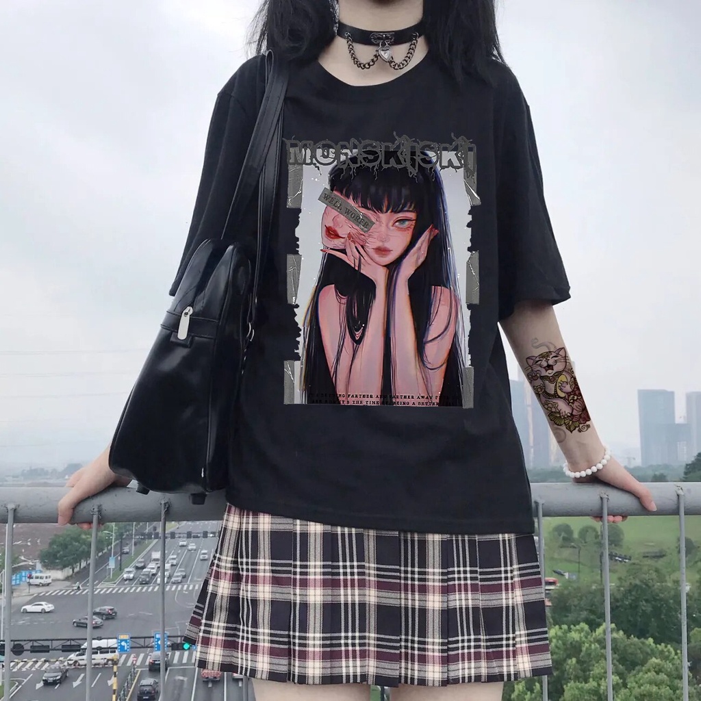 Camiseta feminina casual japonesa, camiseta harajuku dark anime