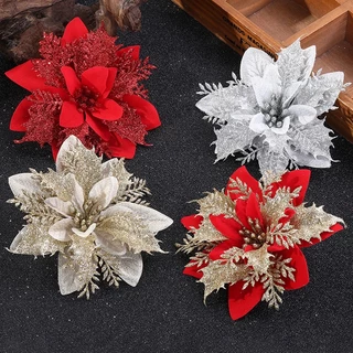 10pçs 14cm Flor Artificial Árvore De Natal Glitter Decoração De Natal Presente De Ano Novo
