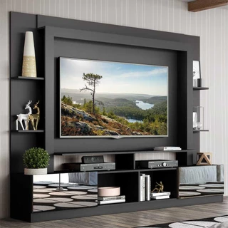 Multimóveis Oslo Rack c/ Painel TV 65" Preto Portas c/ Espelho de 213cm