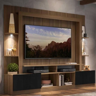 Rack Estante c/ Suporte TV 65" e Leds Berlim Multimóveis Madeirado/Preto