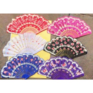 KIT 12 Leque de tecido estampado plastico com glitter