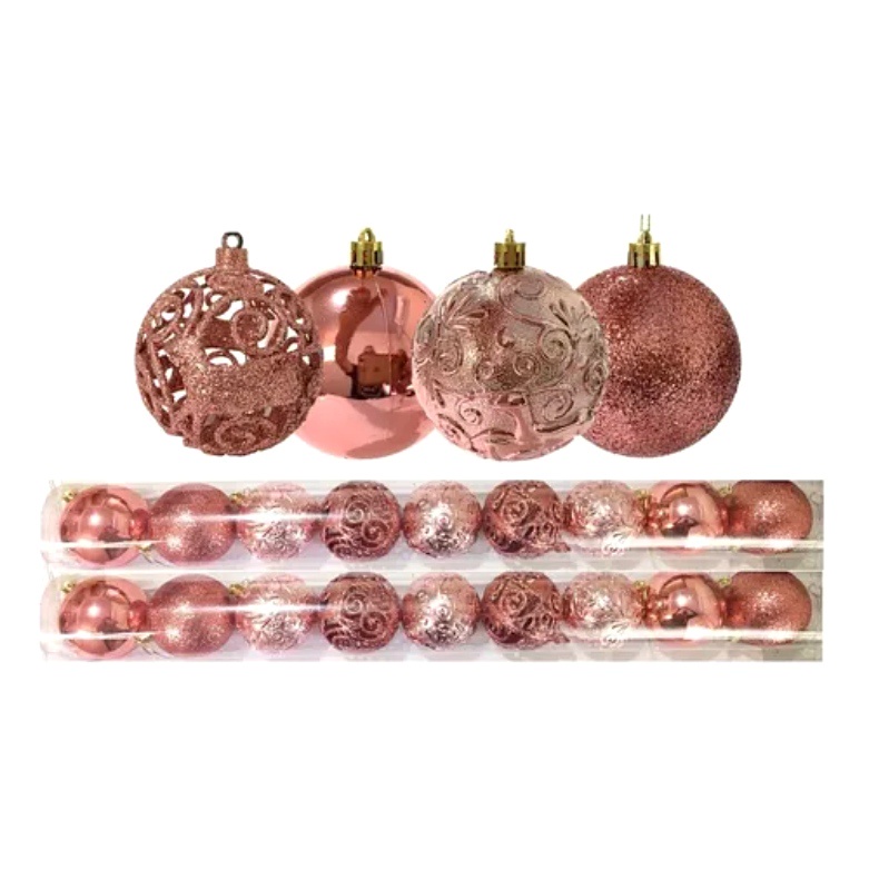 Jogo 9/18 Bolas Natal Mista Textura Arabescos Rena Rosê 6cm