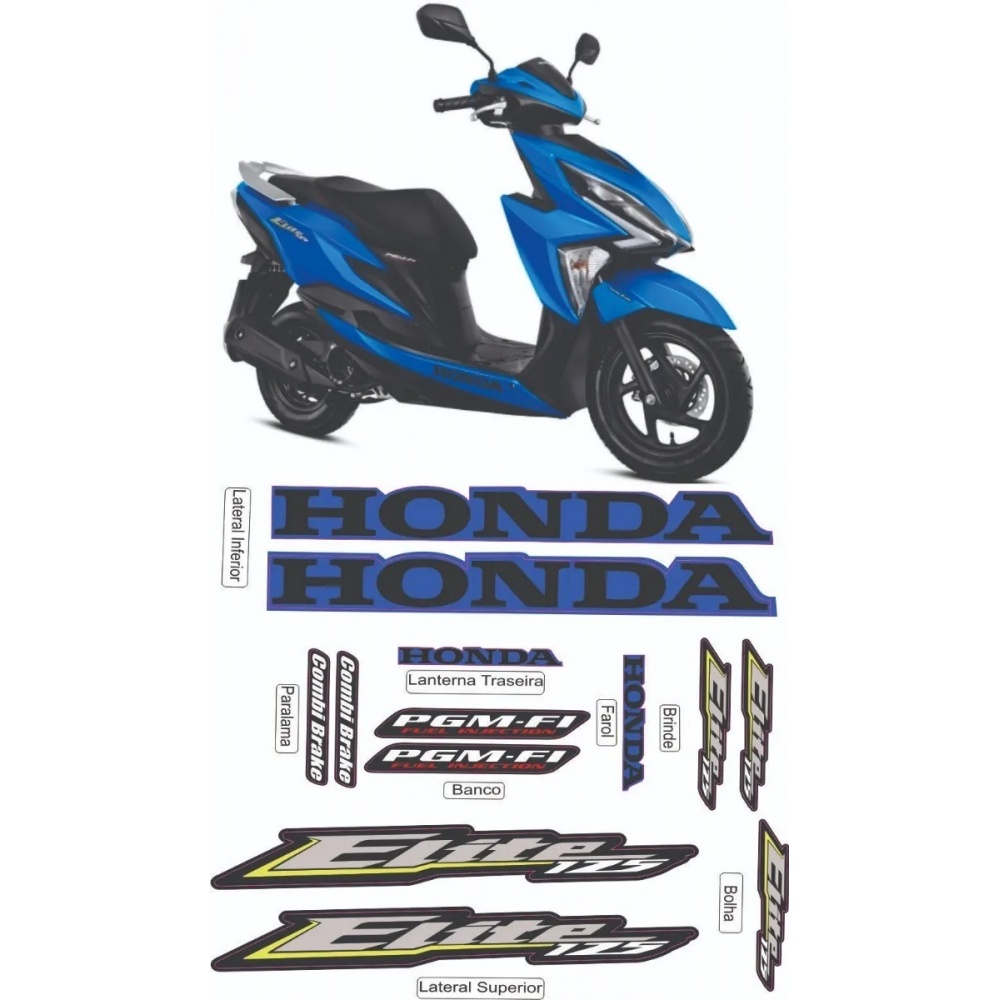 Kit Adesivos Faixas Moto Honda Elite 125 2019 a 2021 Azul Jogo Adesivo ...