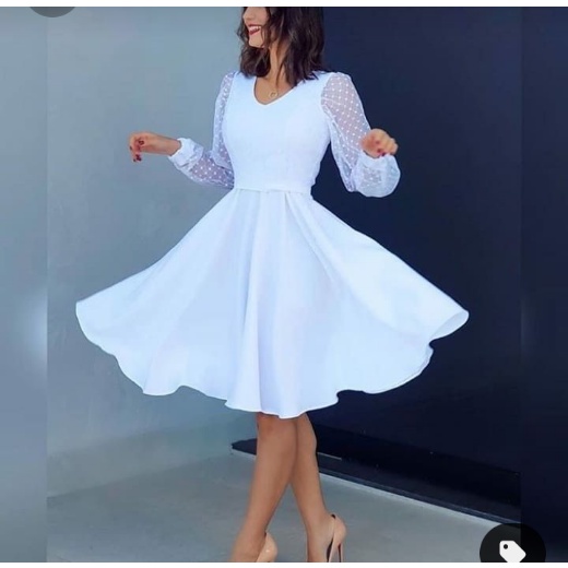 Vestido Branco Casamento Civil Godê Manga longa de Tule Bolinhas