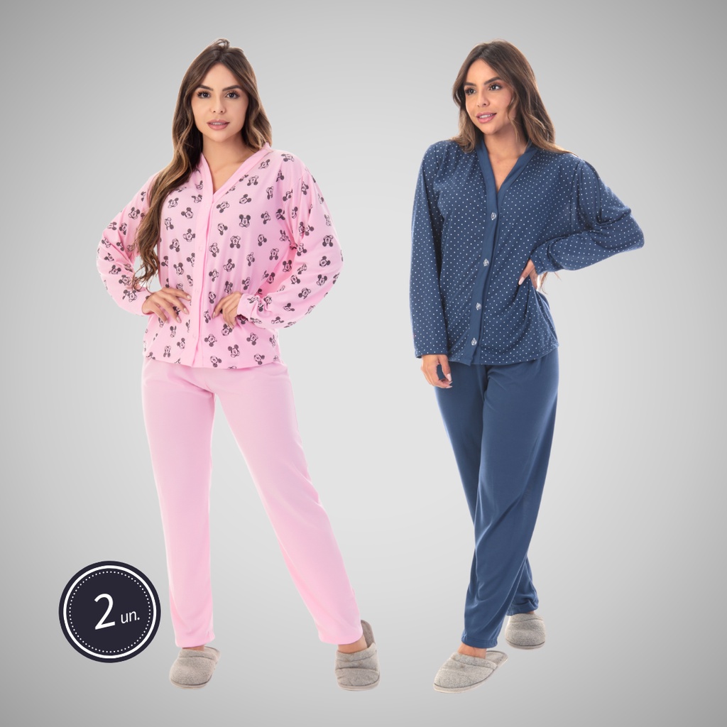 Promoção Kit 2 Pijamas Botão Linha Noite Confortável Feminina Gestante Amamentação Manga Longa Calça Maternidade 332