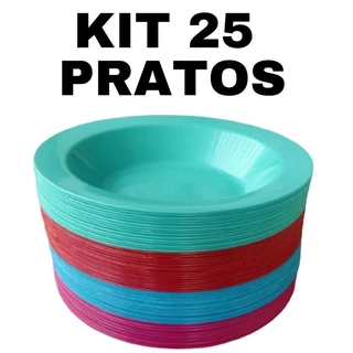 Kit 25 pratos fundo redondo de plástico colorido p/ refeição
