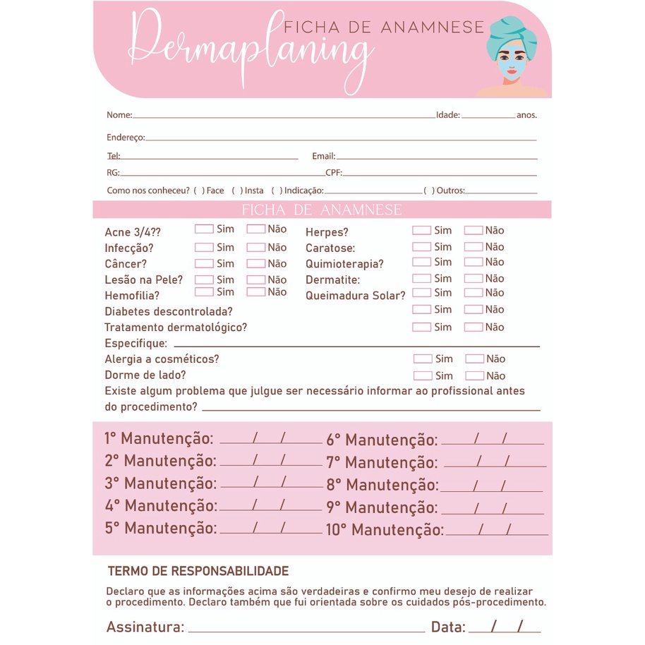 Ficha De Anamnese Dermaplaning Bloco Destac Vel Shopee Brasil