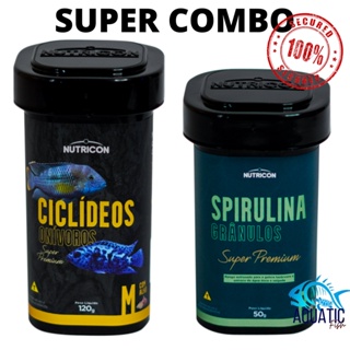 SUPER COMBO Ração Peixes Ciclídeos Onívoros C/alho M 120G + Spirulina granúlos 50g Nutricon SUPER PREMIUM