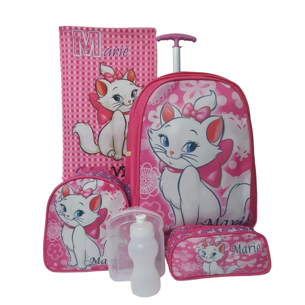 Kit Mochila Infantil Escolar Com Rodinhas Gata Marie