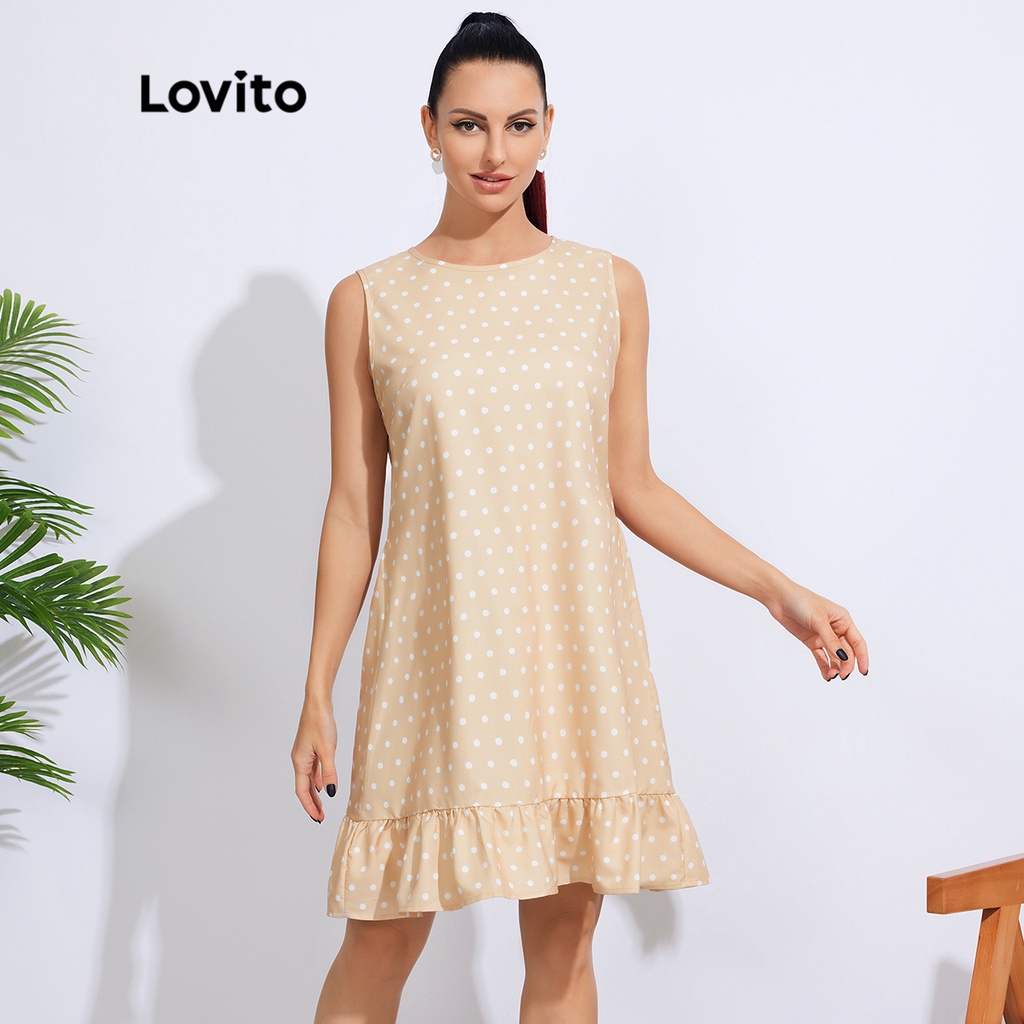 Lovito Vestido Vintage de Bolinha Alto Bainha Ondulada de Bolinha L18X468(Caqui)