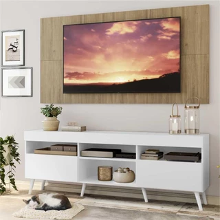 Rack com Painel e Suporte TV 65" Londres Multimóveis Pés Retrô e 2 portas Branco/Rustic/Branco