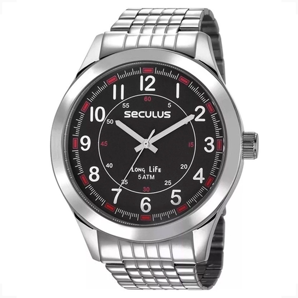 Relógio Seculus Masculino Prateado Detalhes Vermelho Original | Shopee ...